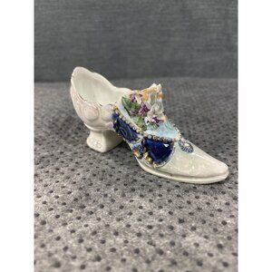 Vintage Porcelain Ladies Shoe Figurine With Floral Decor & Jewel Accents